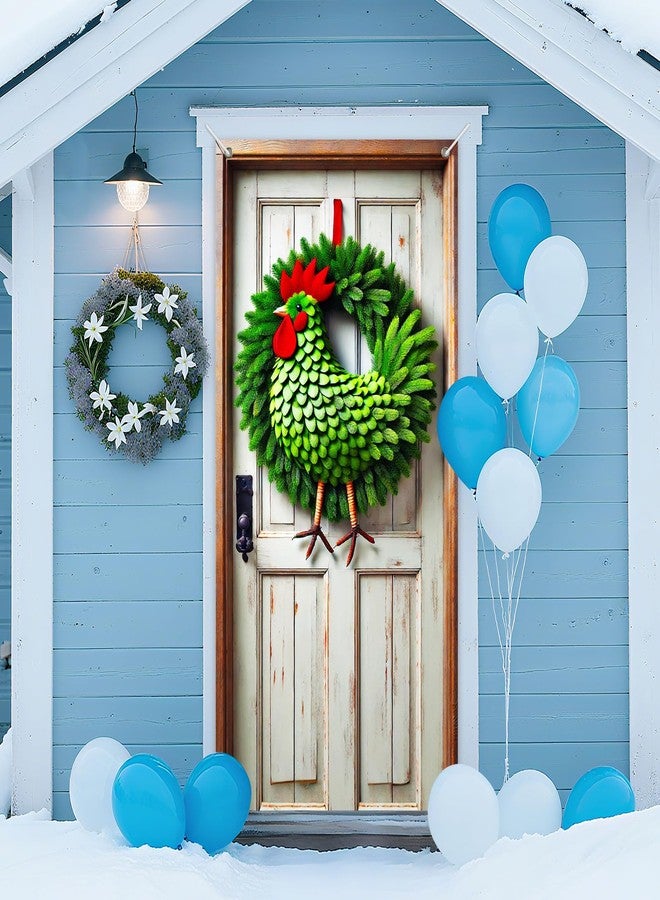 IVN Festive Rooster Door Cover 35x71 Inch Double Sided Unique Door Decoration with Green Pine, Rooster Shape & Red Accents for Indoor Outdoor Porch Holiday Home Decor - Image 1
